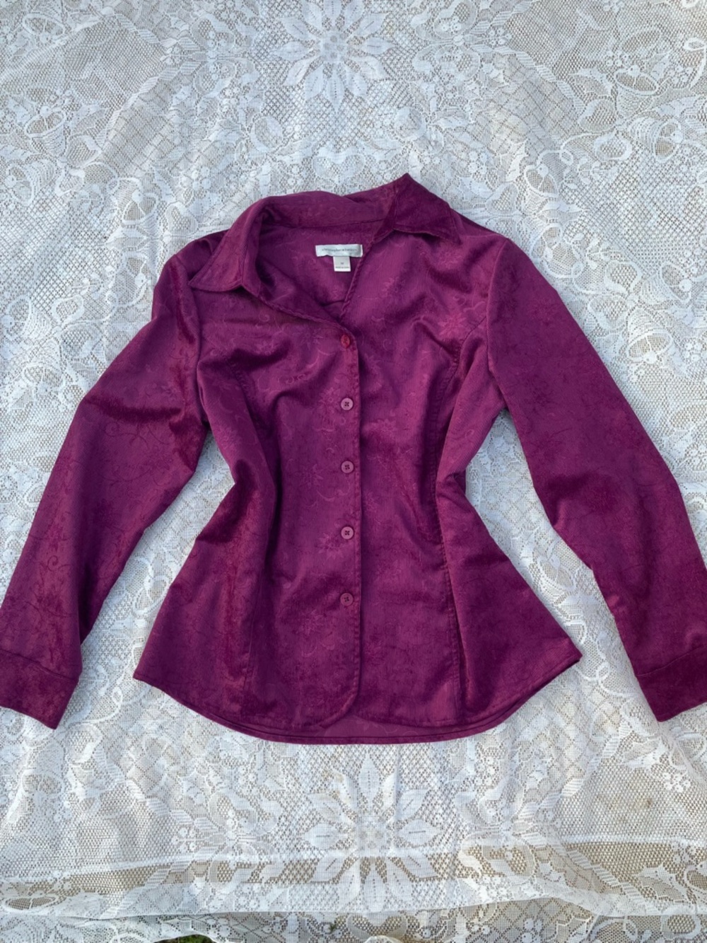 Velvet Button-Front Long Sleeve Blouse